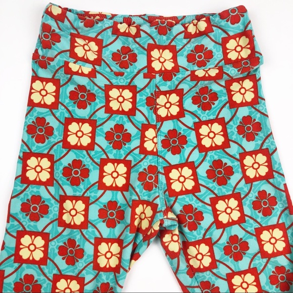LuLaRoe Tween Blue Orange Yellow Print Leggings - Picture 5 of 9